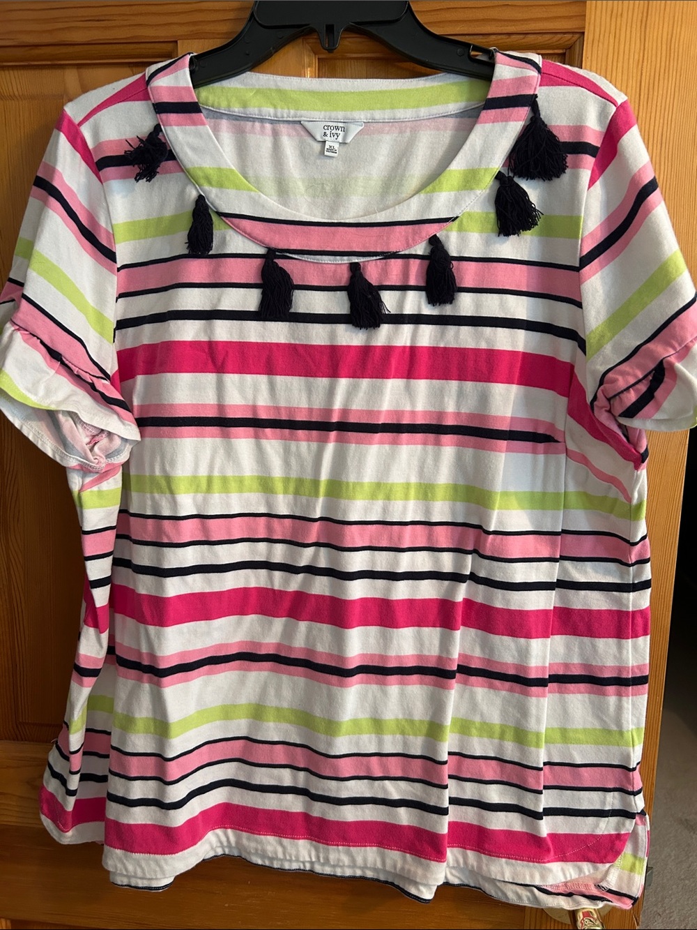 crown & ivy Striped Tee with Navy Blue Tassel Trim in White, Pink & Lime